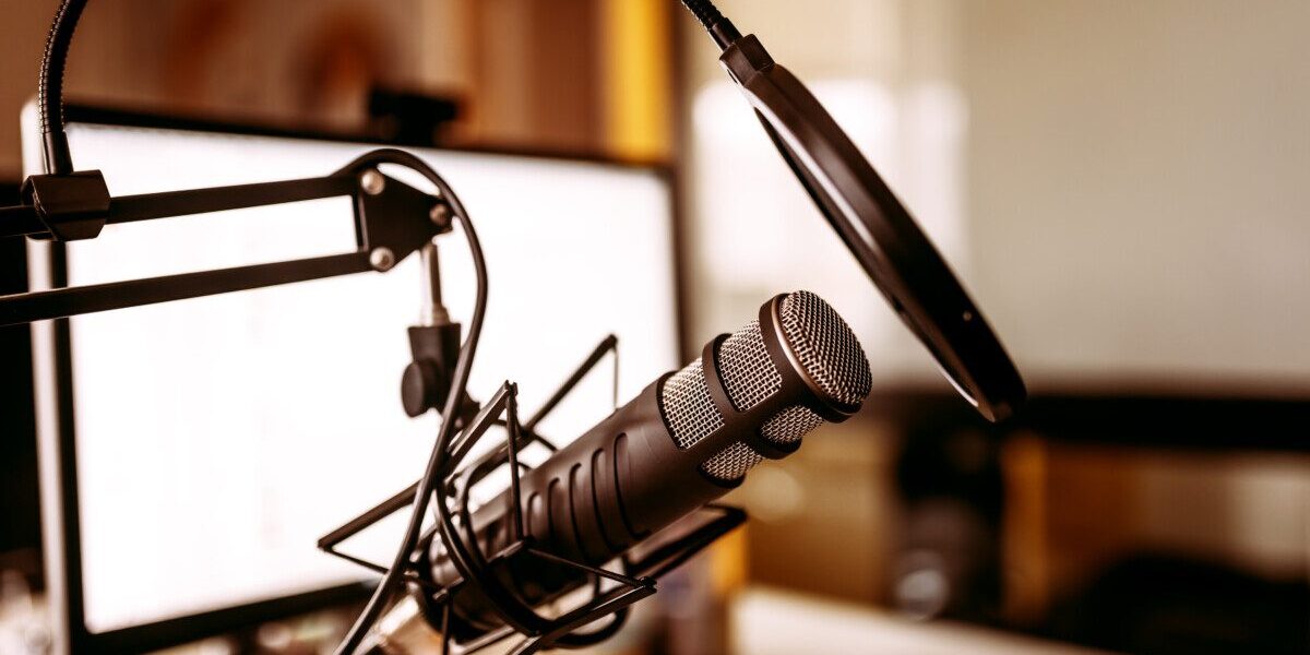 Microphone on stand. Podcast recording concept.