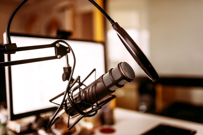 Microphone on stand. Podcast recording concept.
