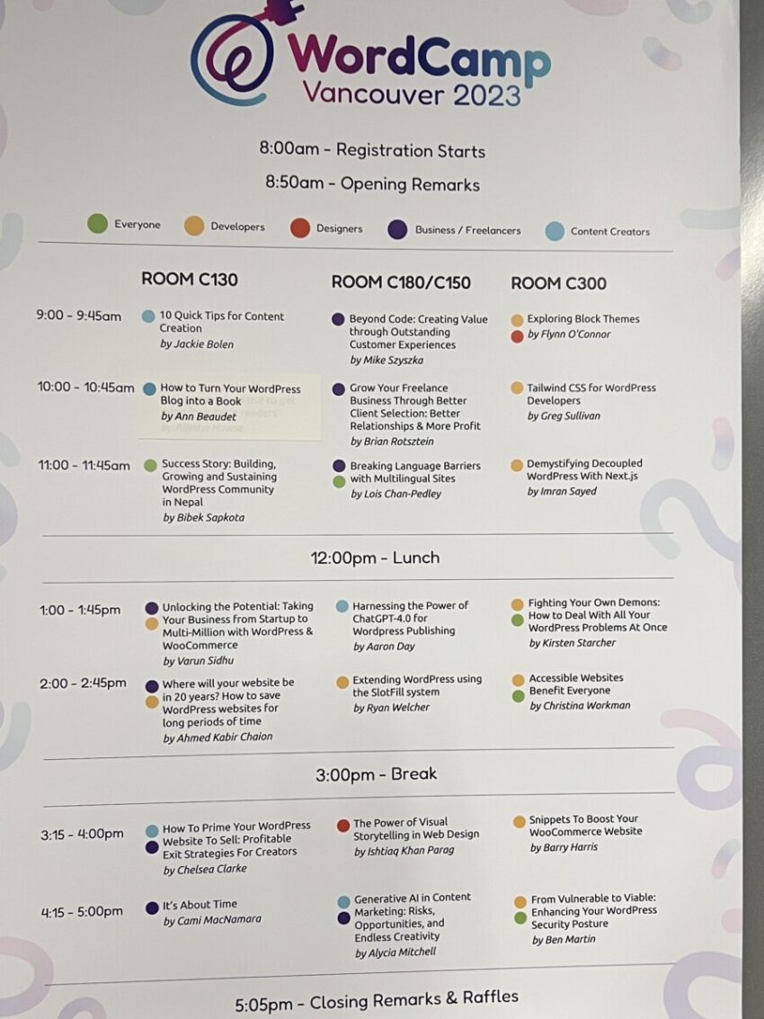 The schedule at WordCamp Vancouver